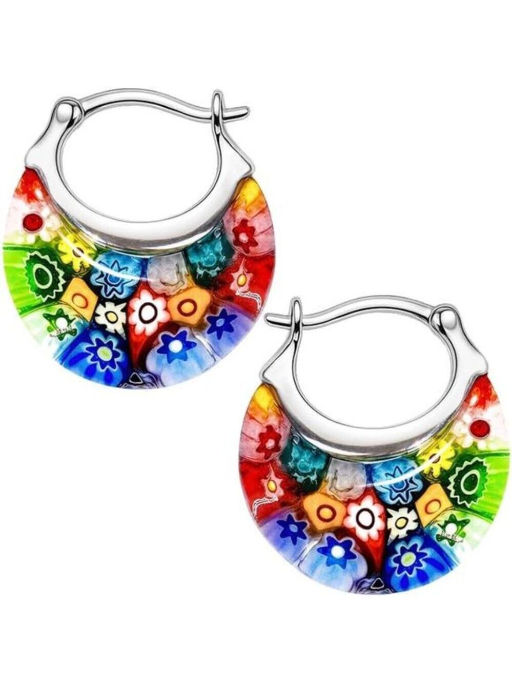 Murano Millefiori Glass Hoop Earrings Colorful Flower Statement Earrings Women G